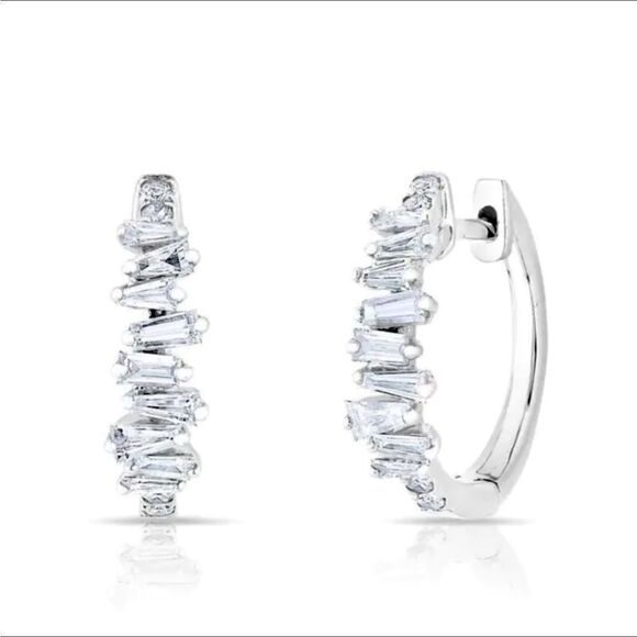 Huitan Jewelry - 💎925 Sterling Silver Tapered Baguette zircon half C Hoop Earrings